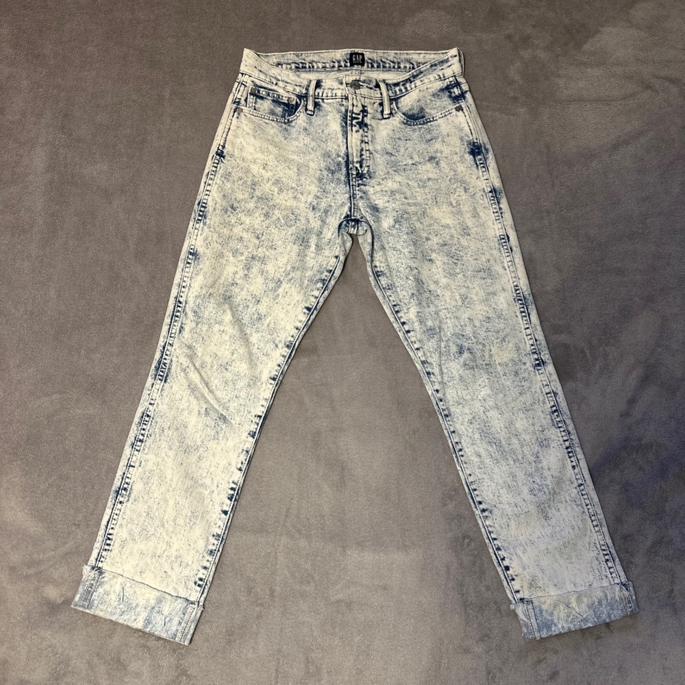 GAP Slim Straight Jeans Size 28 Waist Acid Wash Raw Frayed Hems High Rise Petite